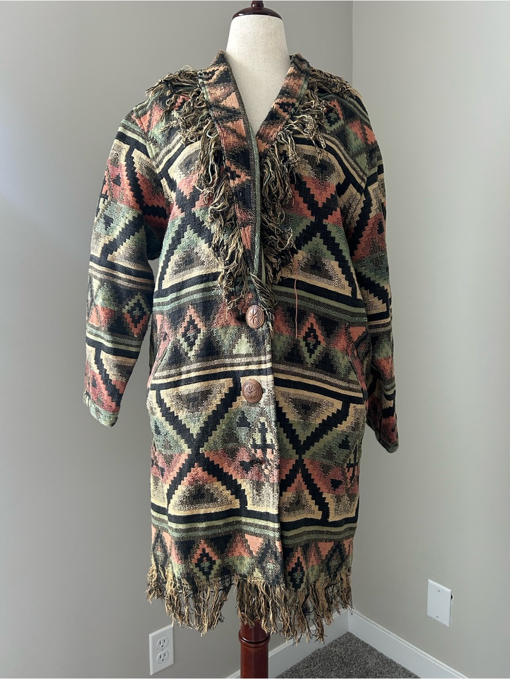 Vintage Northern Style Fringed Aztec-Print Long Coat 100% cotton